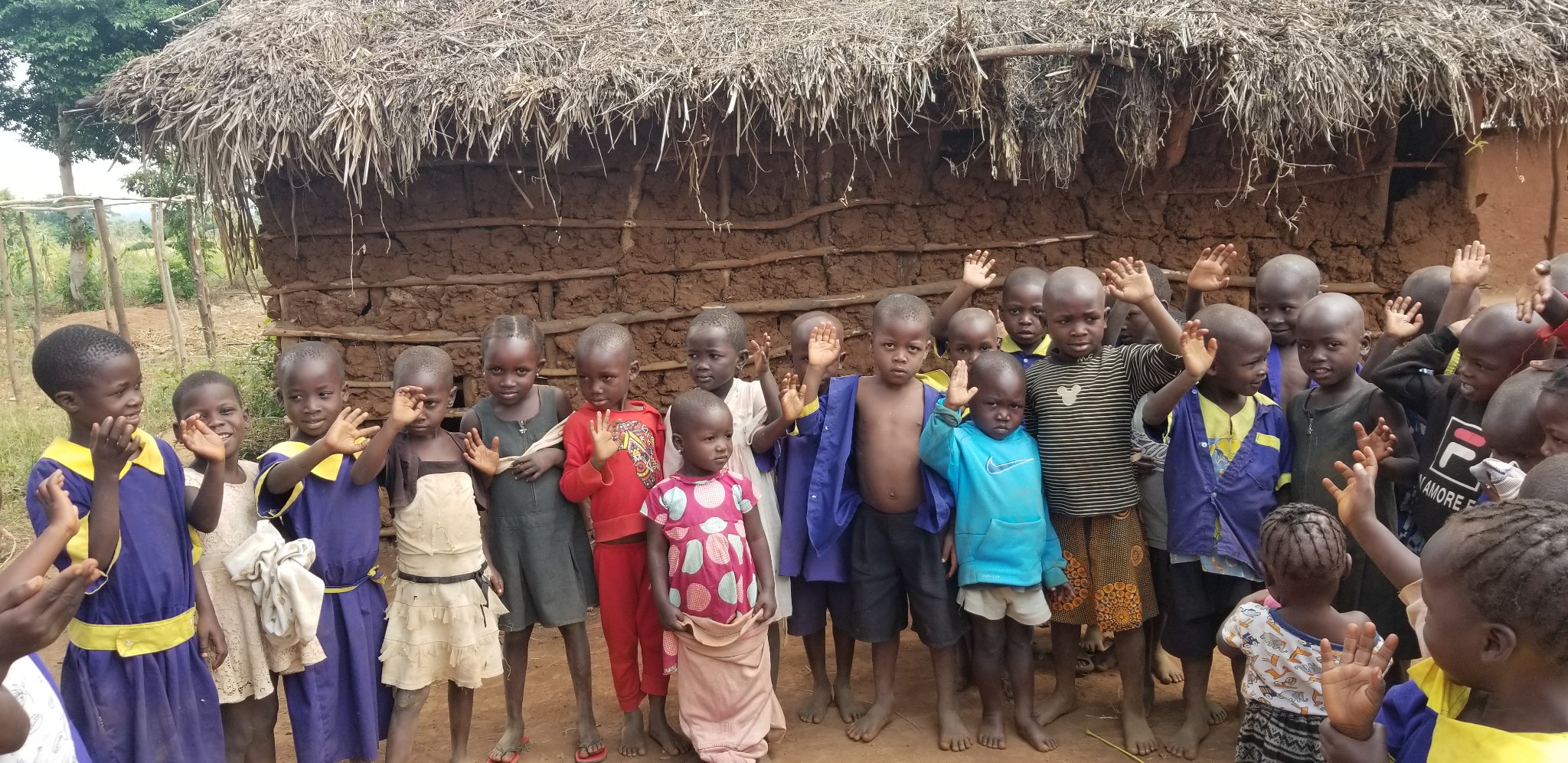 Children in front of a building